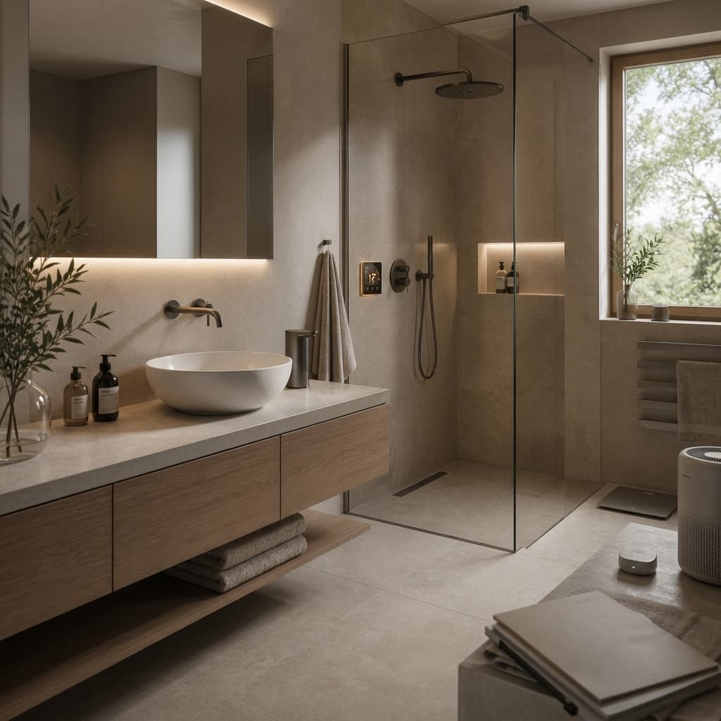 Modernes Badezimmer mit Dusche, Waschtisch und hellen Oberflächen